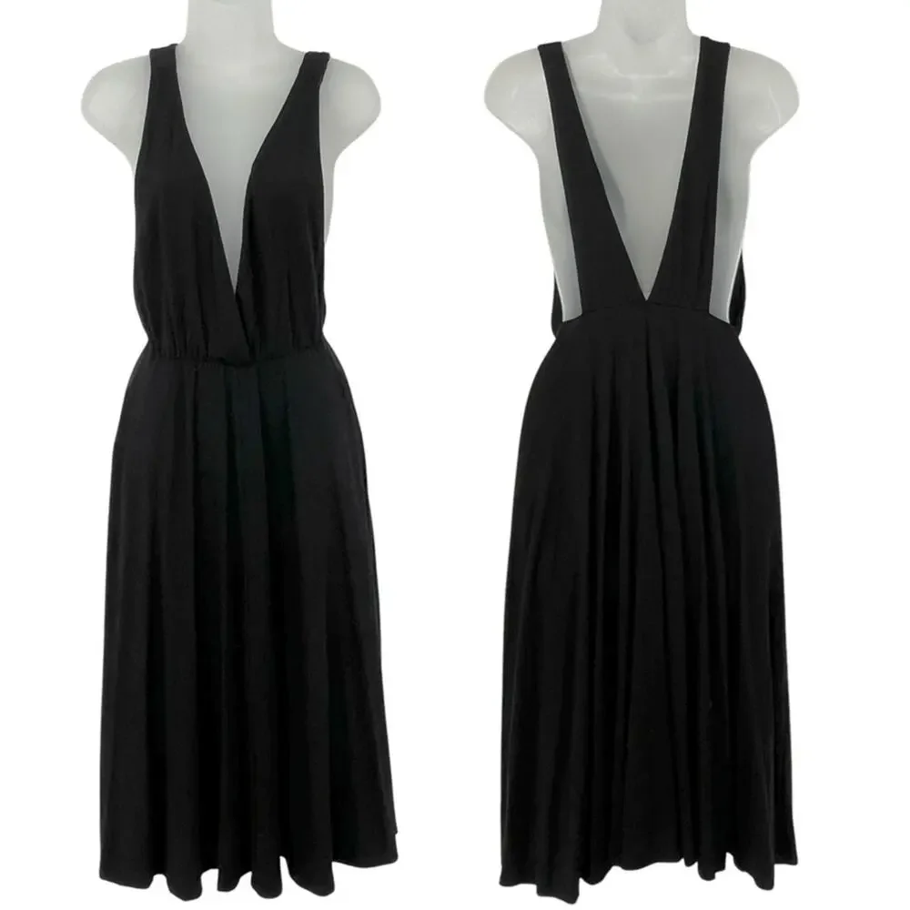 REFORMATION Plunge Neck Sleeveless Dress Black Pleated Pockets Casual Size Small